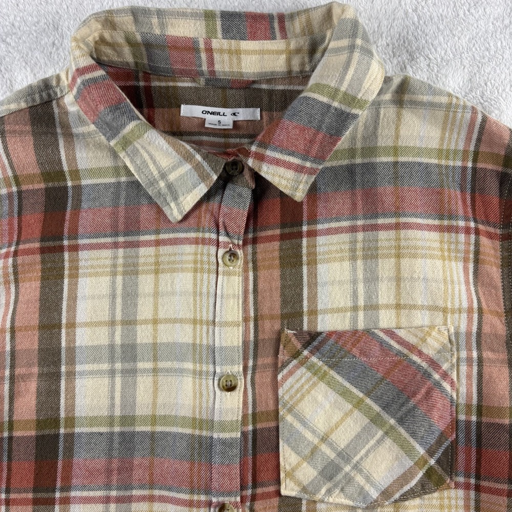 O'Neill Logan Flannel Shirt Womens Small Tan Plaid Long Sleeve Outdoor Fall Ski - Picture 2 of 12